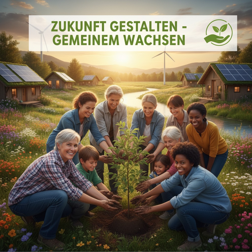 Eine diverse Gruppe von Menschen pflanzt gemeinsam einen Baum vor einer nachhaltigen Dorfkulisse mit Solaranlagen und Windkrafträdern.